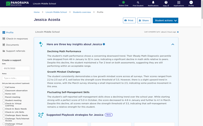 Panorama Student Success - AI powered Insights feature provide 3 takeaways regarding student